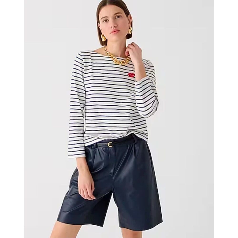 J Crew White Navy Blue Classic Mariner Boatneck 3/4 Sleeves Size XS